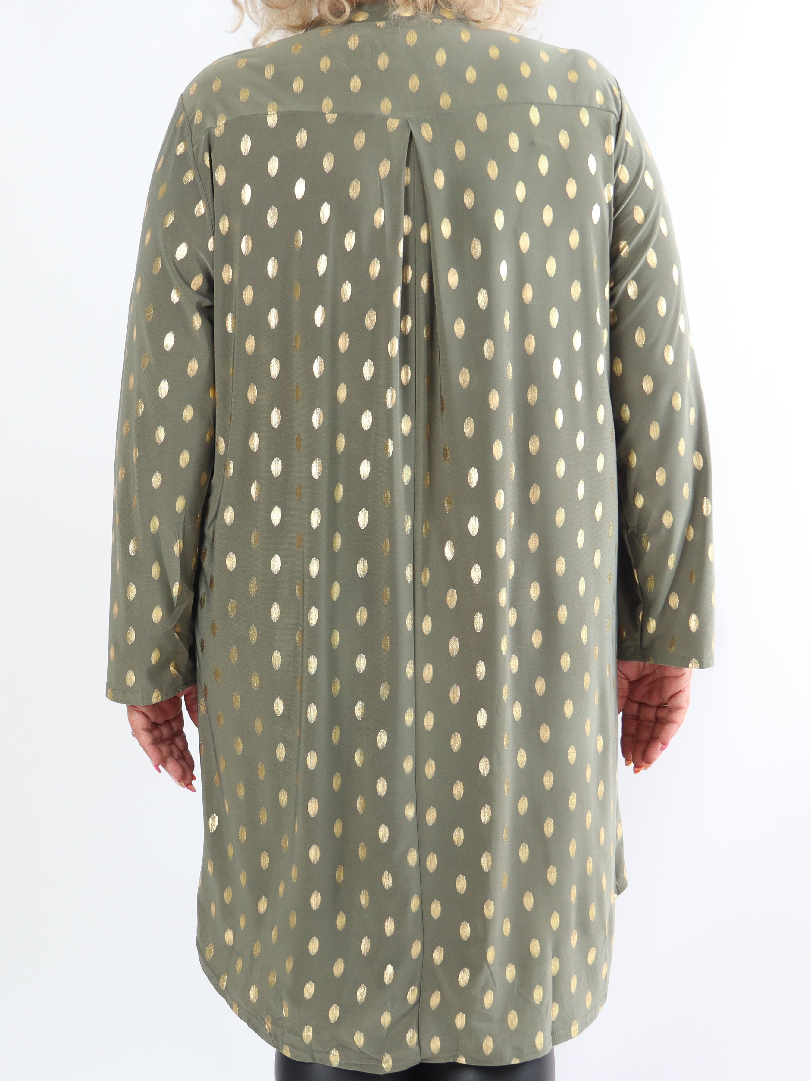 Ebba Gold Long - Elastisk plus size-klänning med guldprickar